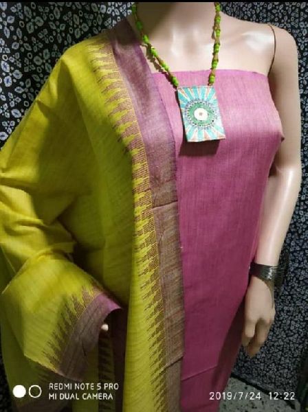 Cotton Silk Temple Border Unstitched Suit, Feature : Breathable, Elegant Design