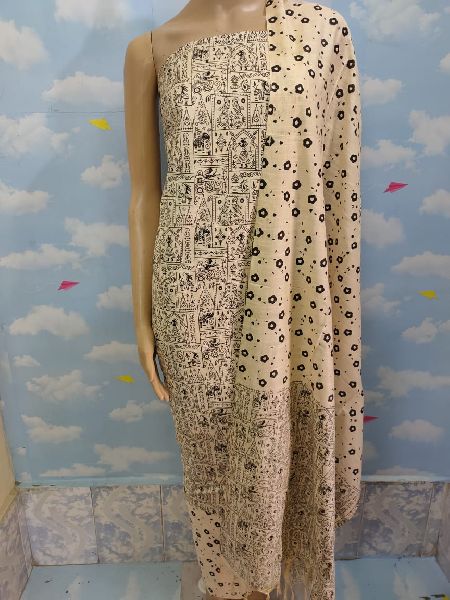 Katan Silk Madhubani Print Unstitched Suit, Feature : Breathable, Easy Washable