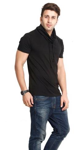 Black Solid Cowl Neck T-Shirt, Size : S-XL