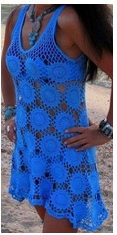 Sleeveless Crochet Dress, Color : Blue