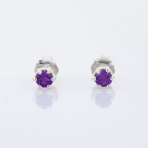 Amethyst Round 14K White Gold Studs