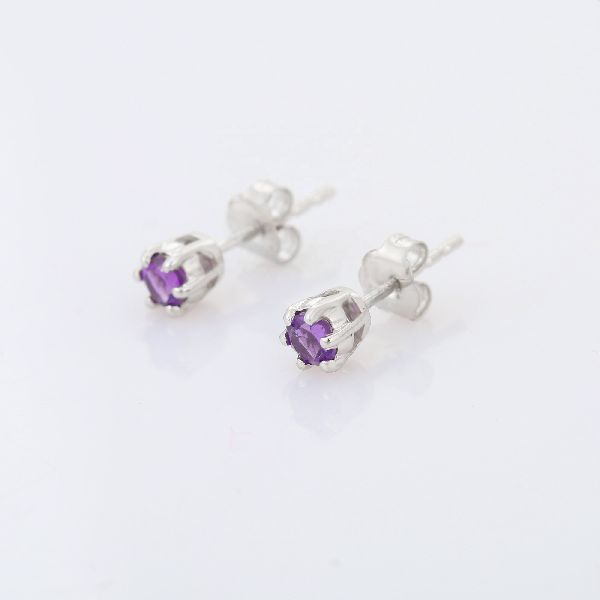 Amethyst Round 14K White Gold Studs