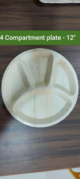 Round Areca Leaf 4 Partition Plate, for Serving Food, Size : 12 Inch