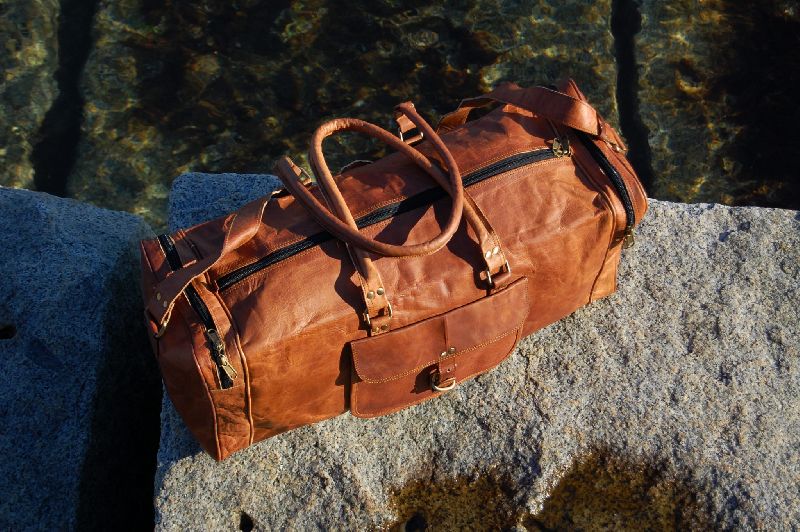 3 Compartments (Expandable) Handcrafted Duffle Leather Bag (Brown)