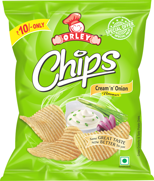 Orley Cream N Onion Potato Chips, for Use Eating, Use Snacks, Certification : FSSAI Certified