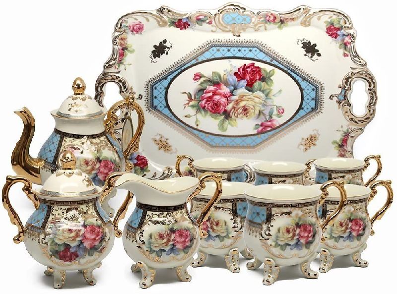 Euro Porcelain 12-piece Vintage Tea or Coffee Cup Set w/ Tray, 24 Kt Gold Plated Rose Floral Patter