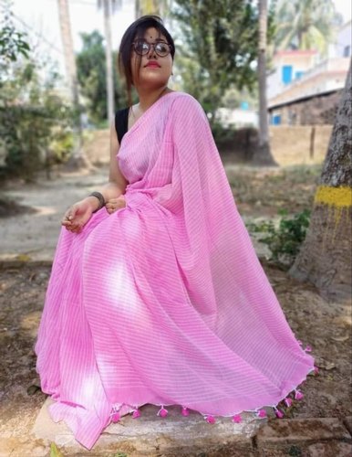 Zari Pink stripes Cotton Saree, Occasion : Casual Wear