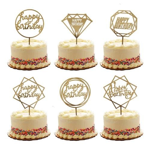Top Cake Gold Acrylic Happy Birthday Cake Topper - Mirrored, Swirls - 6  1/2