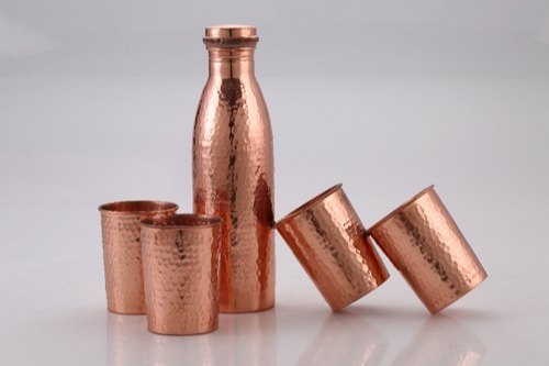 Hammered Copper Bottle and Glass Set, for Drinking Water