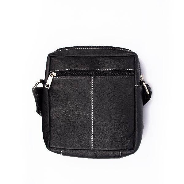 Black Leather Unisex Sling Bag Small, Pattern : Plain