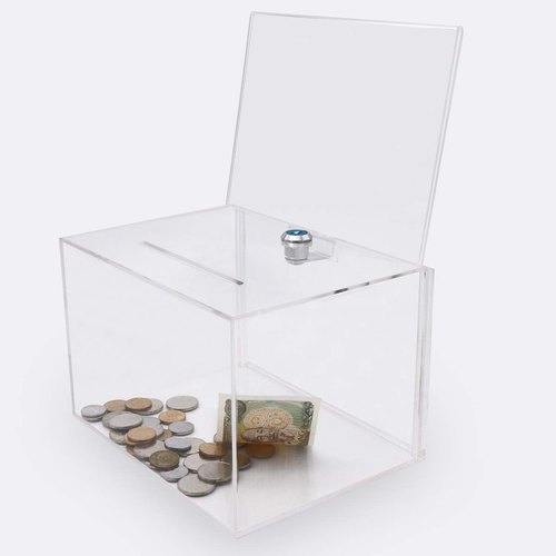 Shanti Square Acrylic Donation Box, Color : Transparent