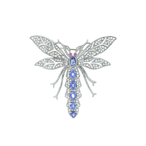 Blue Sapphire Diamond Fly Brooch with Ruby Eyes
