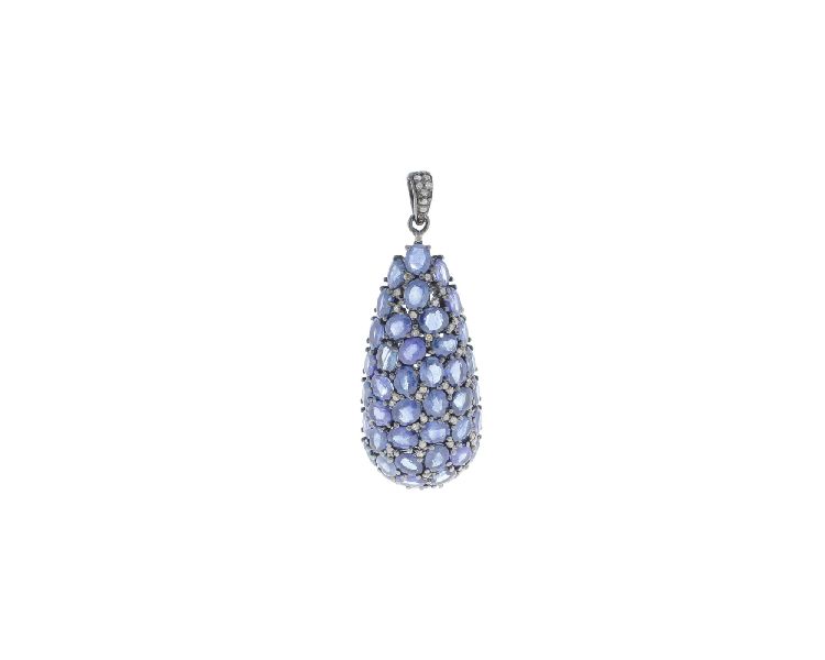 Sterling Silver Blue Sapphire Diamond Drop Pendant