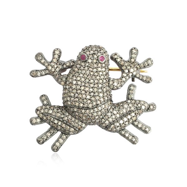 Sterling Silver Diamond Frog Brooch With Ruby Eye