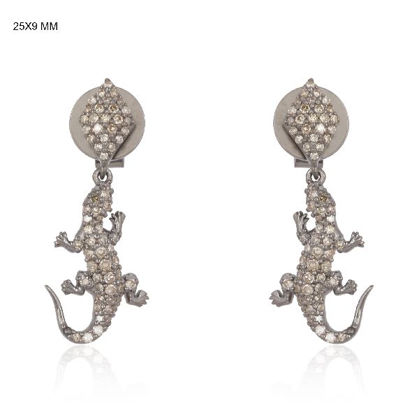 Sterling Silver Hanging Lizard Diamond Earrings