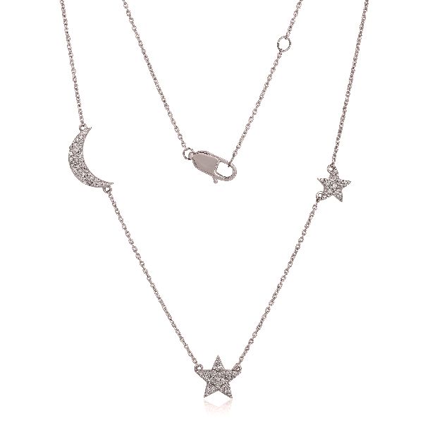 Sterling Silver Moon and Star Diamond Necklace
