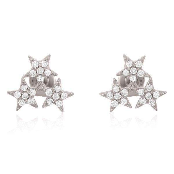 Sterling Silver Pave Diamond Triple Star Studs