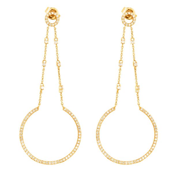 Yellow Gold Dangle Diamond Studded Semi Circle Earrings