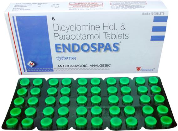 ENDOSPAS Dicylomine Hydrochloride, Paracetamol Tablets, Shelf Life : 2 Year