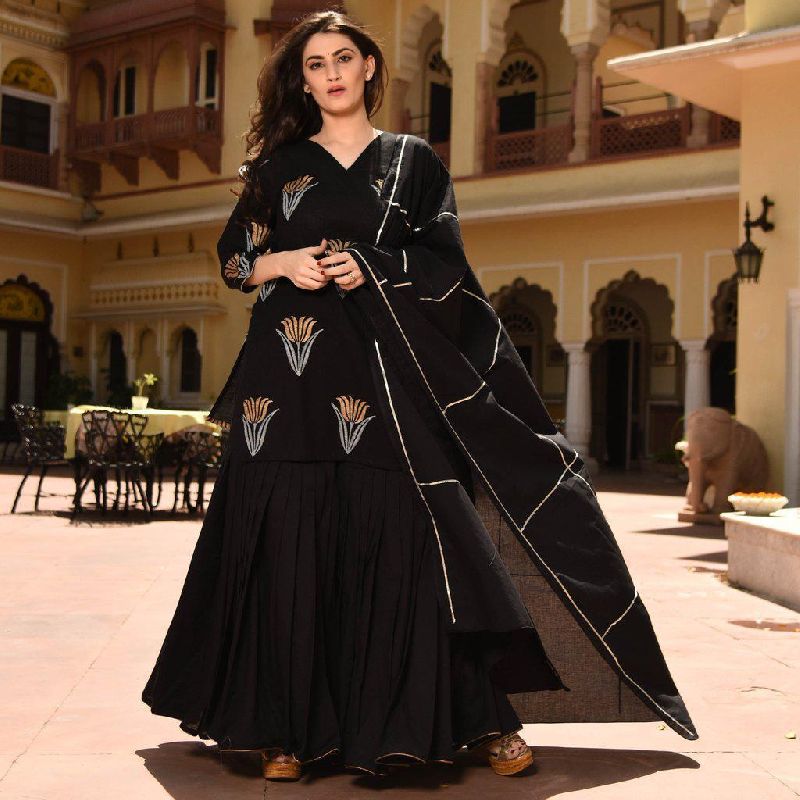 Printed Cotton Black Sharara Suit Set, Occasion : Party Wear