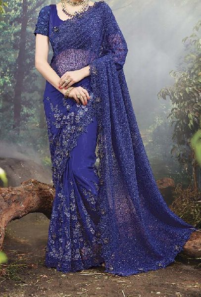 Unstitched Blue Fancy Saree, Packaging Type : Packet