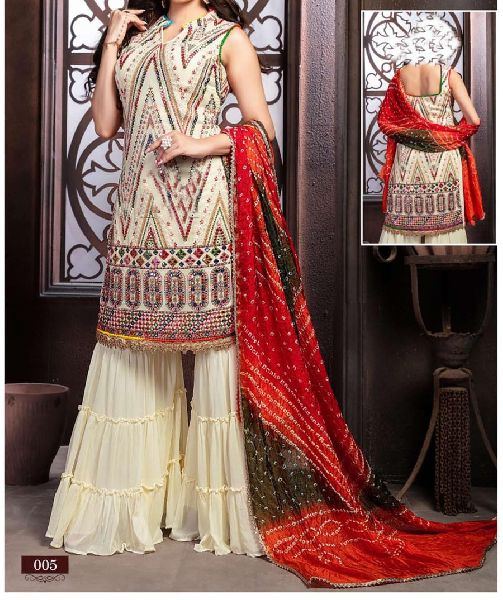 Sleeveless Chiffon Party Wear Sharara Suit, Feature : Dry Cleaning