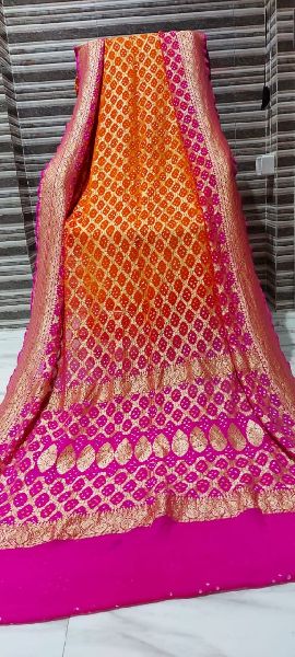 Stitched Bandhani Saree, for Dry Cleaning, Technics : Hand Made