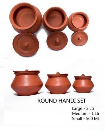 Earthen Gold Round Clay Handi Set, Capacity : Large- 2 Ltr, Medium-1 Ltr, Small- 500 ML