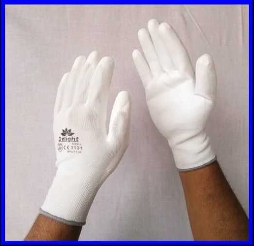 Delight White PU Coated Gloves, Size : M