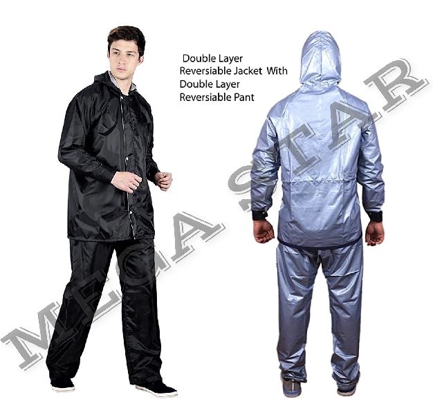 Polyester/PVC Reversible Double layered Rainsuit, Feature : Durable, Light Weight, Water proof