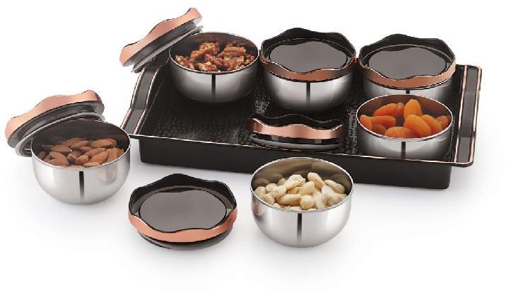 Stainless Steel Dry Fruit Tray Set, Feature : Attractive Packaging, Fine Finishing, Quality Assured