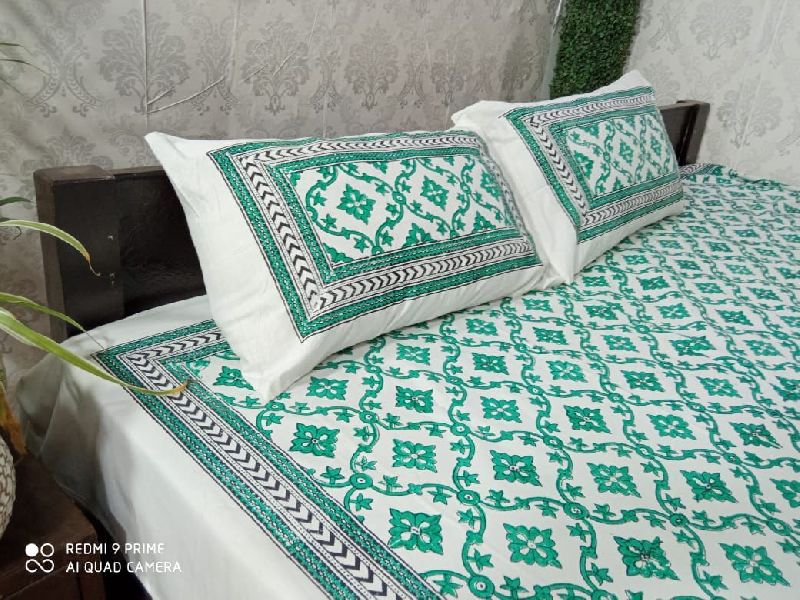 DKWTBLU156 Hand Block Printed Cotton Double Bedsheet