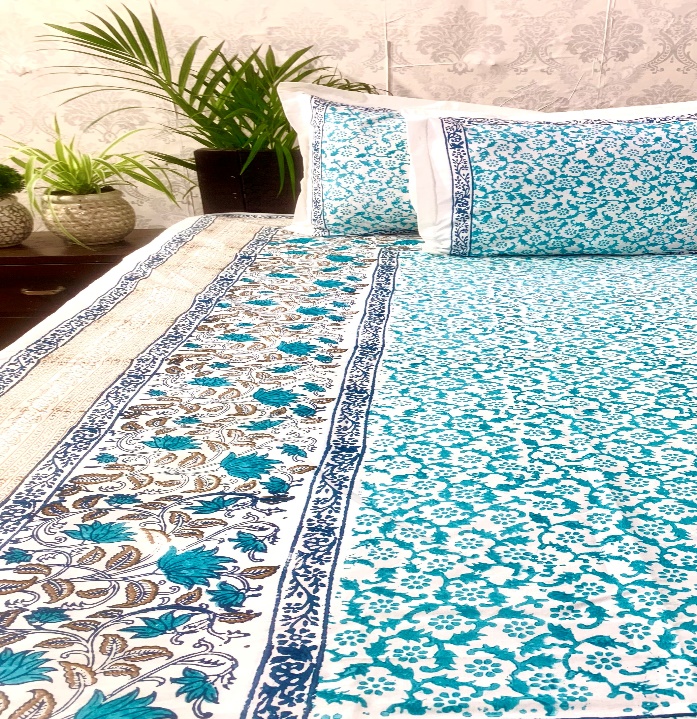 DKWTLBLU123 Hand Block Printed Cotton Double Bedsheet