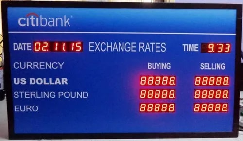 Currency exchange rate display. Digital led display board. Dollar