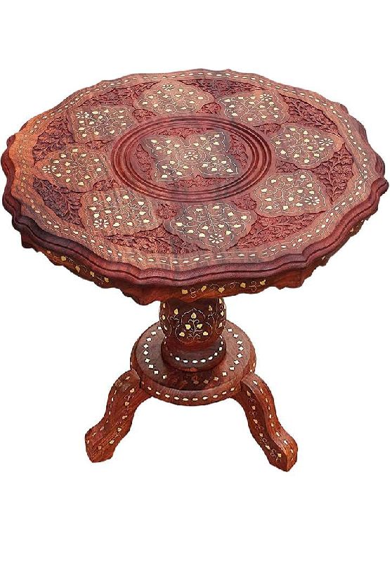 Carved Sheesham Wooden Center Table, Shape : Round