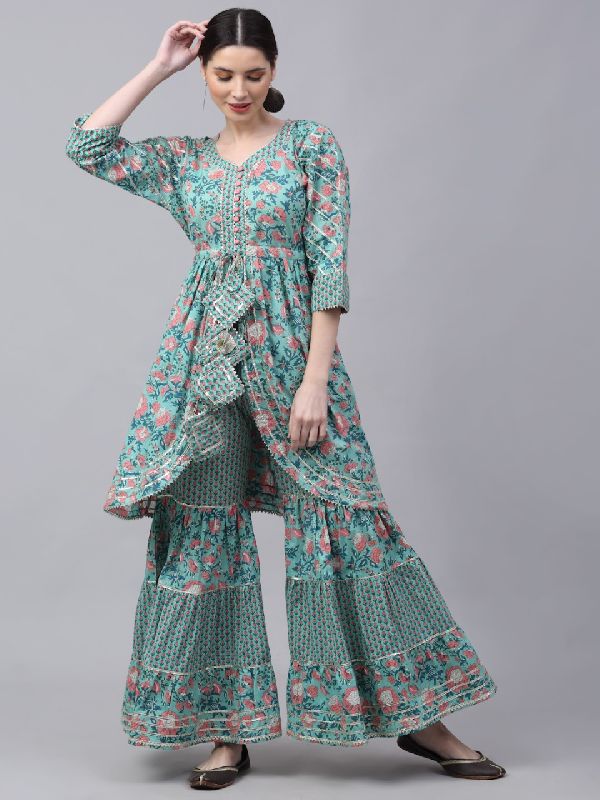Pure Cotton Designer Kurti With Sharara, Feature : Impeccable Finish, Easily Washable, Comfortable