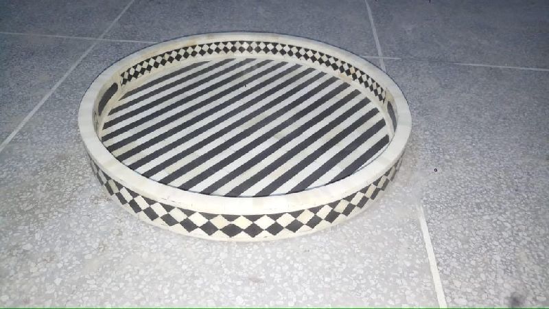 Printed Wood Bone Inlay Round Tray, Color : Black White