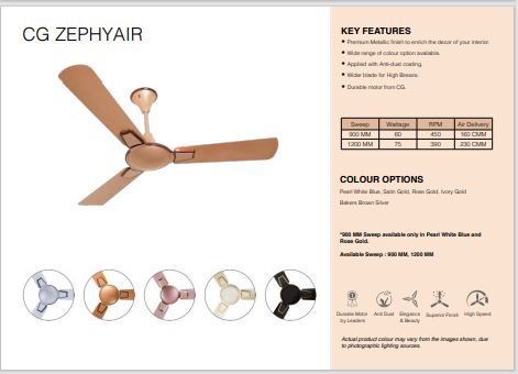 CG ZEPHYAIR 48INCH(1200MM) CEILING FAN, Feature : Rotate Fastly, Low Power Saver, Fine Finish, Easy To Install