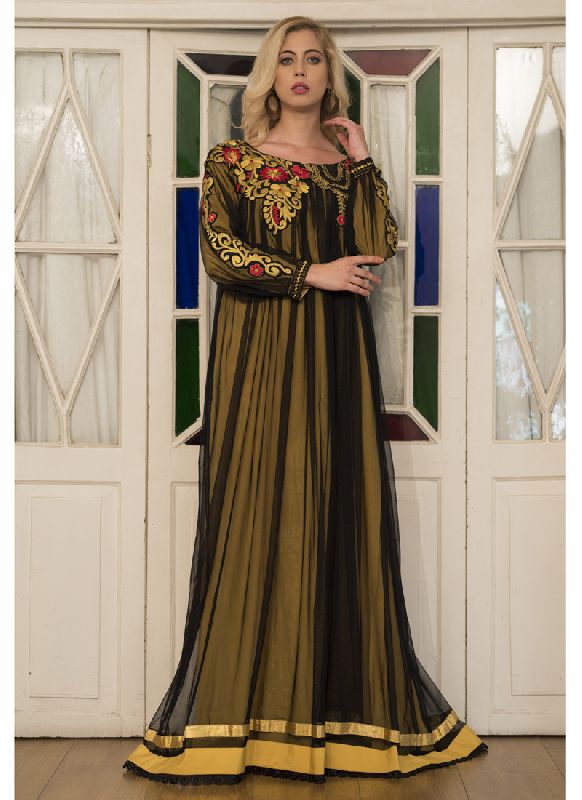 Gold Yellow Embroidered Full Sleeve Formal Maxi Dress