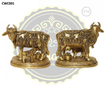 Brass Cow with Calf Statue, for Home, Temple, Color : Golden