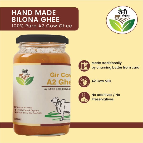Kheti Valley Yellow Thick Liquid Gir Cow A2 Ghee, For Cooking, Packaging Type : Glass Jar