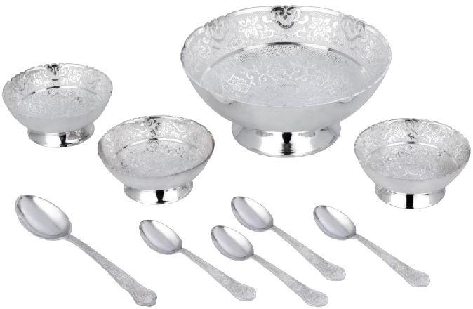 Brass Bowl and Spoon Set Silver Finish
