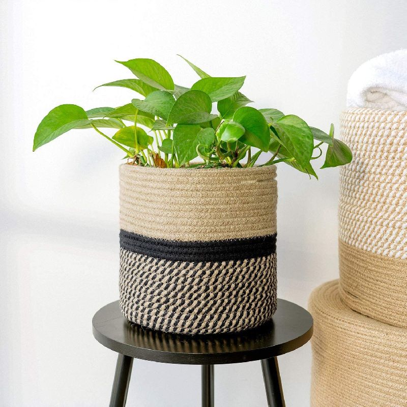 Jute Black and Beige Planter/ Multipurpose Storage Basket Round