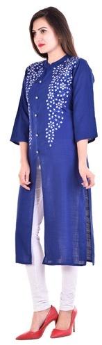 Cotton Blue Mirror Embroidery Work Kurti