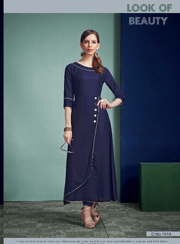 Rayon And Cotton Boat Neck Navy Blue A Line Dress