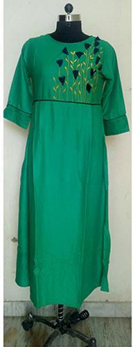 Rayon Green Tassels Mirror Embroidery Work Kurti