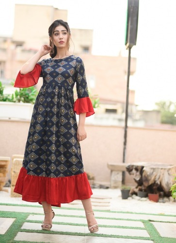 Rayon Navy Blue Flared Dress