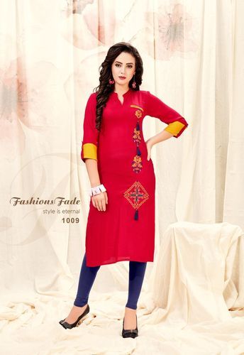 Rayon Red Zari Mirror Embroidery Work Kurti