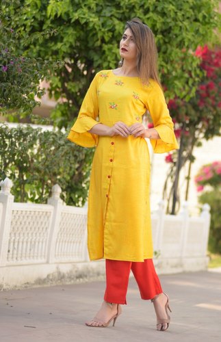 Rayon Straight Yellow Kurti with Pant Set