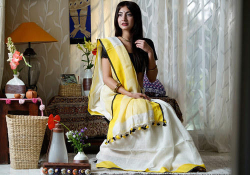 Golden silk linen saree, Saree Length : 6.3 m (with blouse piece)